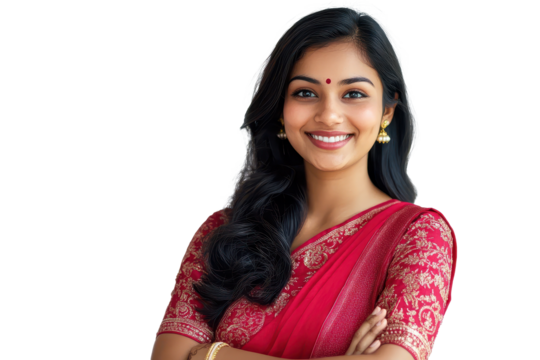 Portrait of a joyful beautiful Indian woman in a traditional red saree, showcasing elegance and happiness in a serene indoor setting during daylight hours
