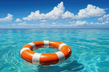 Bright orange and white lifebuoy floating peacefully on clear turquoise ocean water under a blue sky with fluffy white clouds