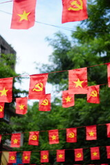 Hanging Vietnamese national flag displayed to celebrate the 80th anniversary of Vietnam National Day, September 2, 2025, marking the historic milestone with the A80 military parade in Hanoi