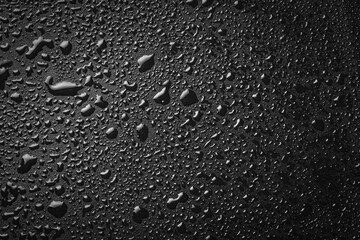 Water drops on a black background. Banner with raindrops. Top view.