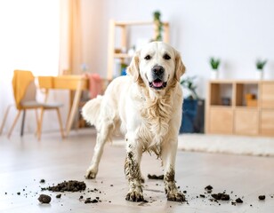 Obraz na płótnie Canvas Golden retriever covered in dirt, mischievous home pet canine having fun indoors