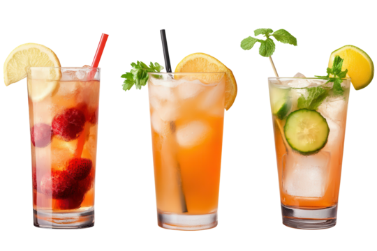 Refreshing variety of alcoholic and non-alcoholic cocktails served with ice, garnished with fruits and herbs in bright colors at a summer gathering