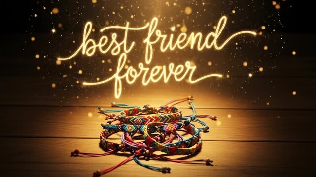 Best Friends Forever: Friendship Bracelets with Sparkling Lights and Wooden Background