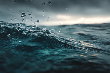 Close-up of water splash and droplets on a wave in the ocean during a calm, cloudy day.