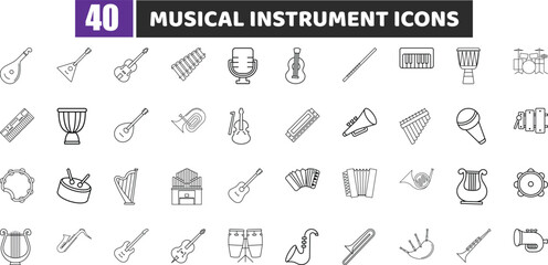 Musical Instrument Line Icon Set | Orchestra, Band, and Concert Symbols