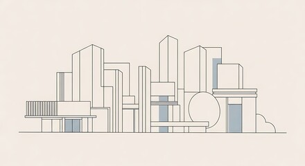 Line drawing of a futuristic cityscape with various architectural styles.