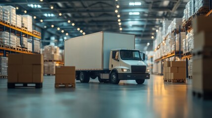 A close-up of a delivery truck unloading boxes  on blurred background