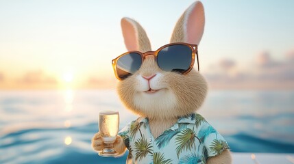 Happy bunny with sunglasses and champagne on boat