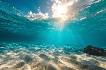 Fototapeta premium Underwater view of sun rays penetrating clear ocean water onto sandy seabed with a small rock formation.