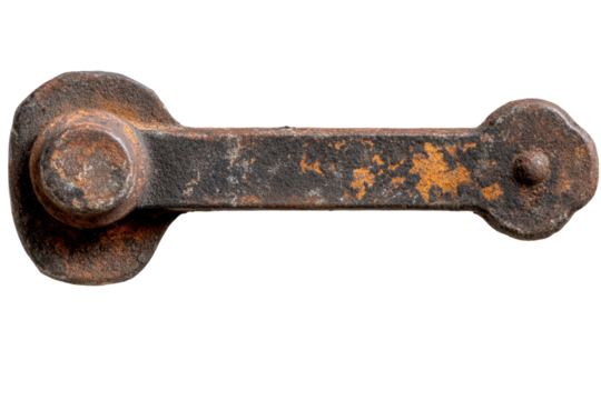 Old rusted handle with distinctive features isolated on transparent background showcasing unique textures and curves