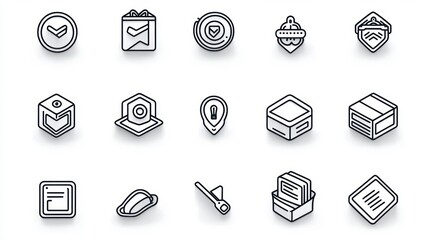 Collection of sixteen minimalistic black and white 3D outlined icons representing various objects and symbols arranged in a grid on a white background