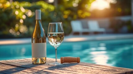 Bottle of white wine with a filled glass and cork on wooden table beside a sunlit swimming pool in a tranquil outdoor setting