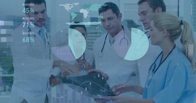 Nurse holding slide with pie charts and line graphs animating around doctors analyzing medical data