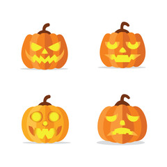 Halloween Pumpkins set, isolated on white background. Jack o Lantern Pumpkin with spooky faces. Halloween pumpkins collection
