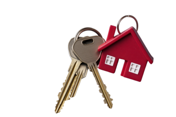 Collection of house keys on a keychain featuring a red house shape, capturing details and textures in high resolution suitable for various design needs