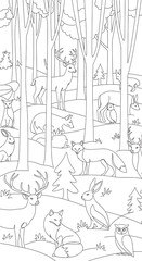 Black and white coloring page of a forest scene with various animals.