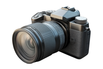 High-resolution camera isolated on a transparent background showcasing detailed design and advanced features