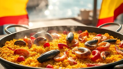 Artisanal paella pan with golden saffron rice and fresh seafood, celebrating Spain's National Day with Mediterranean coastal hues.