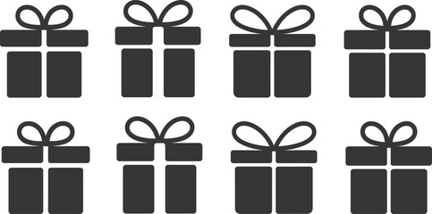 Gift box vector icons, present silhouette illustration, holiday celebration design, birthday surprise symbol, festive packaging with ribbon, Christmas decoration element