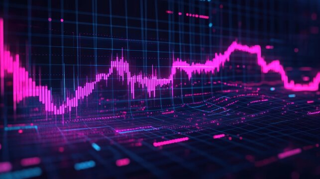 Futuristic digital graph with glowing pink data points and fluctuating lines on a dark grid background conveying data analysis and technological progress - Powered by Adobe