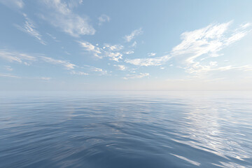 Obraz premium Calm ocean water under a blue sky with scattered clouds at horizon.