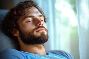 Calm young man with beard relaxing and resting with eyes closed near sunlit window