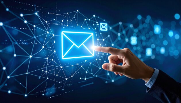 Hand touching glowing envelope icon in global digital network, email communication concept with world map
