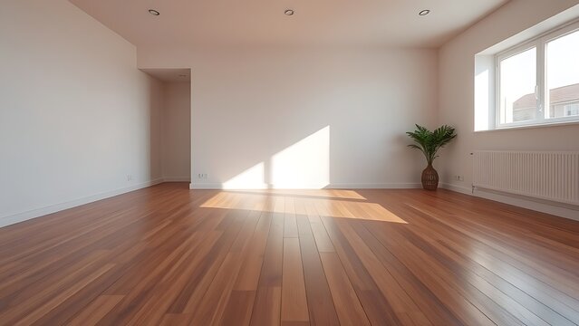 Minimalist living room with wooden floors, embodying clean and spacious design.