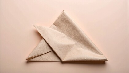 Folded triangular napkin on soft pink surface, minimalist dining elegance, symmetrical fabric presentation