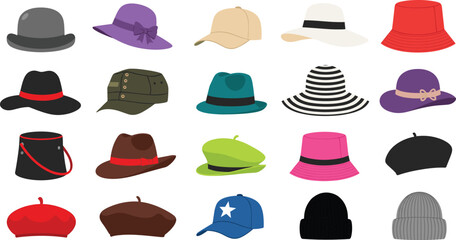 Colorful vector illustration collection of various stylish hats for men and women, showcasing fashion diversity and headwear design styles.