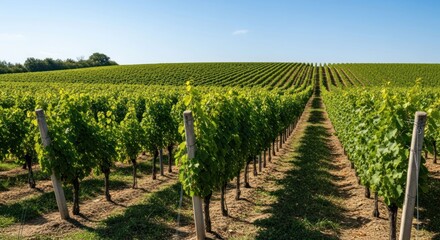Obraz premium Lush vineyard rows stretch to horizon