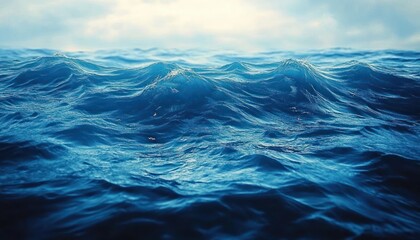 Close-up view of deep blue ocean waves under a cloudy sky with soft light reflecting off the water surface conveying a calm yet dynamic seascape