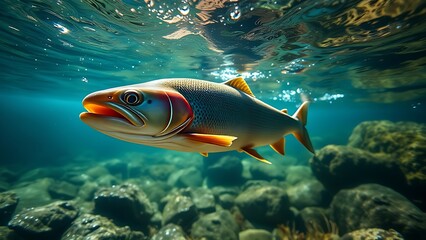 Naklejka premium Trout gliding through a clear mountain stream, sunlight creating patterns in the blue-green water.
