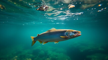 Underwater scene of trout swimming in a clear river with natural light creating a serene aquatic atmosphere.