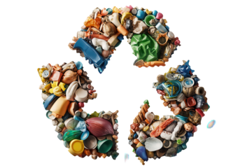 Bright, colorful recycling symbol made from assorted plastic materials arranged in a playful and engaging manner