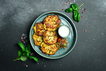 Fried potato pancakes with spinach and sour cream. Ukrainian cuisine. Close up. On a dark stone background.