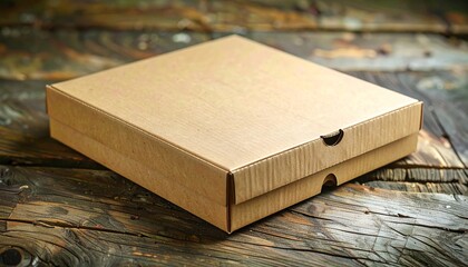 Closed brown cardboard box on rustic wooden surface, minimal packaging design, food delivery concept