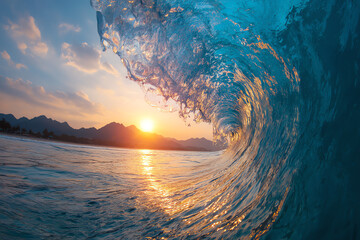 A curling ocean wave captures the golden sunlight at sunset over distant mountains.