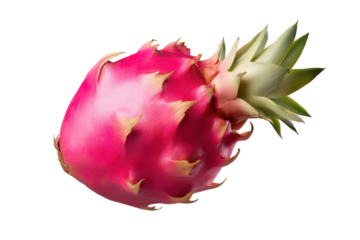 Bright dragonfruit isolated with vibrant pink skin and green tips, showcasing unique texture and shape on a transparent background