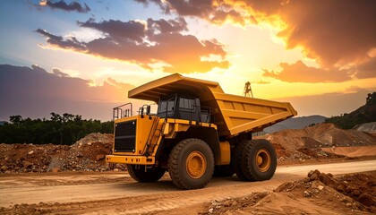 Yellow dump truck on dirt road at sunset, dramatic sky and rugged terrain, industrial power and scale