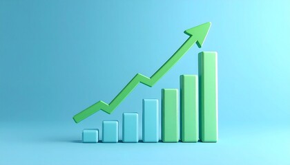Stylized bar chart with rising green arrow on blue background, visualizing growth and success metrics