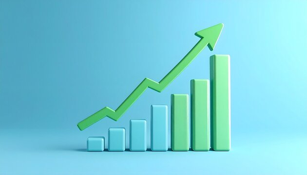 Stylized bar chart with rising green arrow on blue background, visualizing growth and success metrics