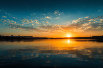 Obraz premium Golden sunset over calm lake water with silhouetted hills under a partly cloudy sky.