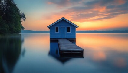 small blue boathouse on calm lake at sunset with vibrant orange and blue sky and peaceful atmosphere