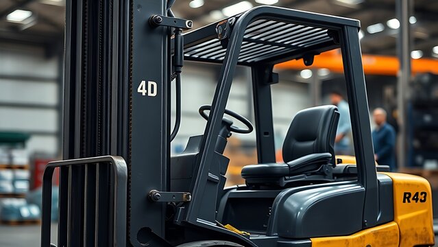 An industrial forklift in a warehouse setting with a blurred background.