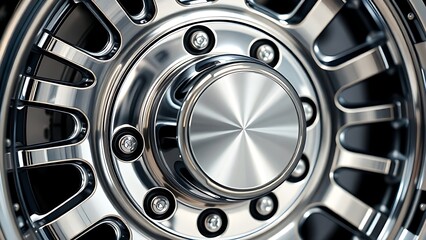 Polished metal wheel with industrial chrome texture, minimalist studio lighting showcase.