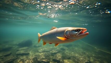 A trout swimming gracefully in a clear river, illuminated by sunlight filtering through the water.