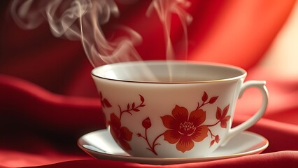 Delicate porcelain teacup with red floral motifs, steaming jasmine tea reflecting golden light against muted silk.