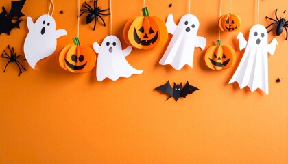 Paper ghosts and jack-o'-lanterns with spiders on orange Halloween backdrop.