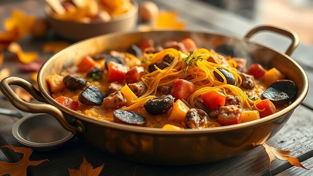 Traditional paella in golden pan, saffron threads glistening on rustic wooden table with autumn leaves.